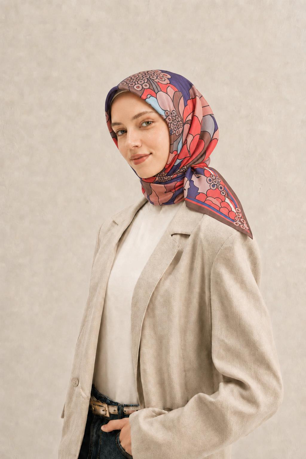 Fenza Tensel Botanik Desenli Eşarp - Mercan Lacivert