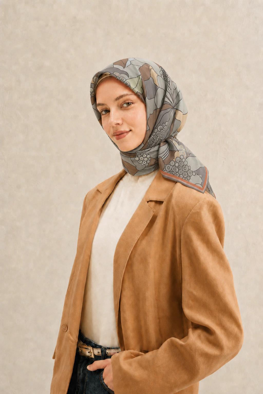 Fenza Tensel Botanik Desenli Eşarp - Gri Camel
