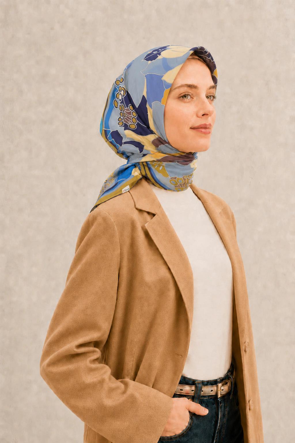 Fenza Tensel Botanik Desenli Eşarp - Hardal Mavi 2