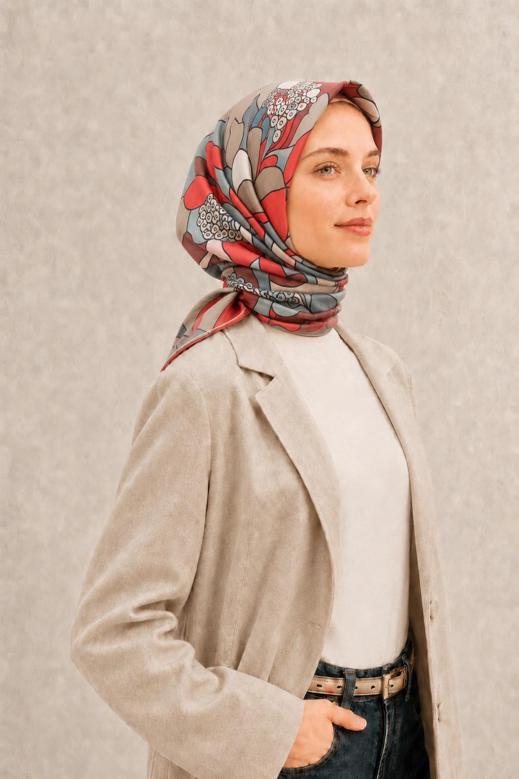 Fenza Tensel Botanik Desenli Eşarp - Kırmızı Gri 2