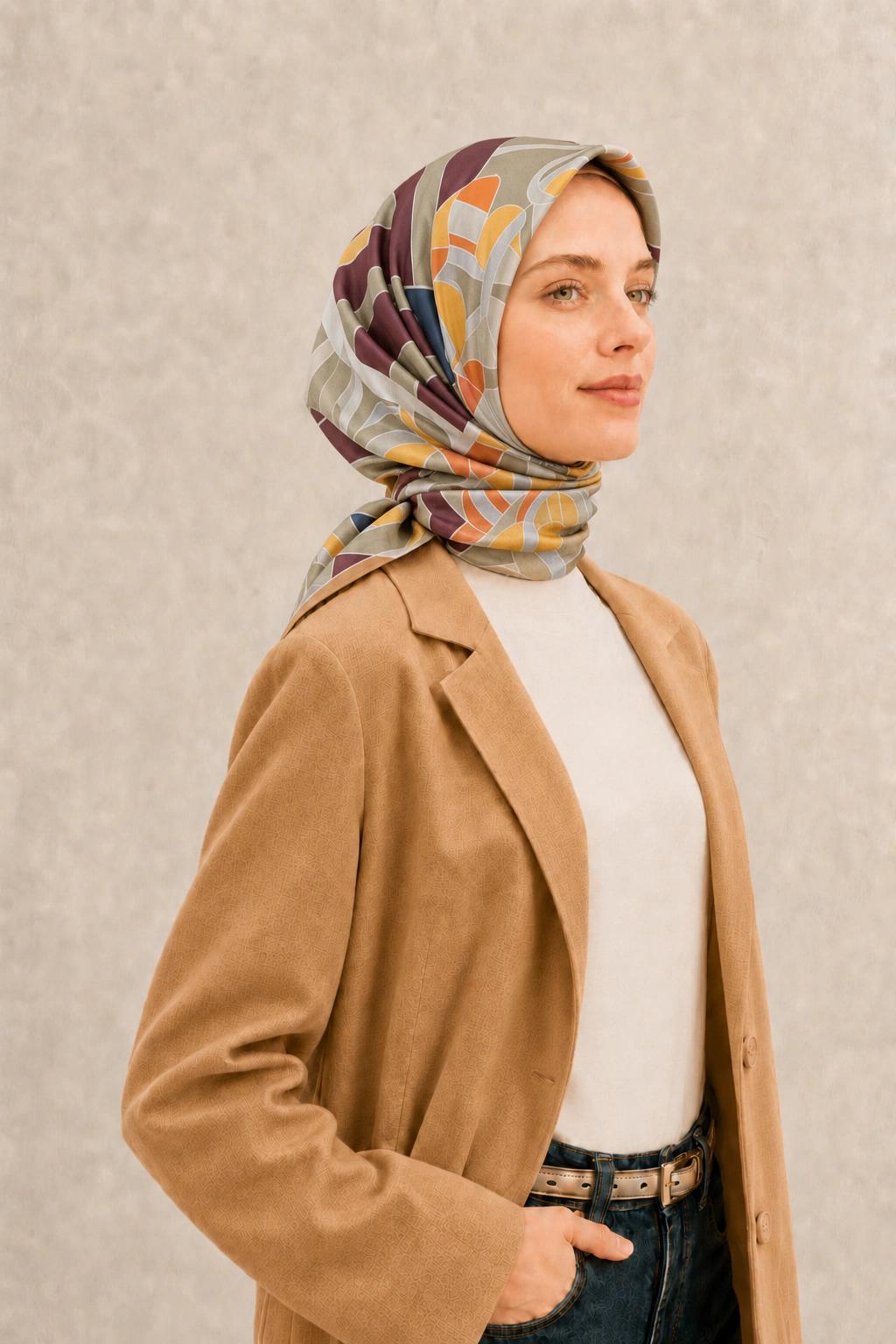Fenza Tensel Geometrik Desenli Eşarp - Sarı Bordo 2