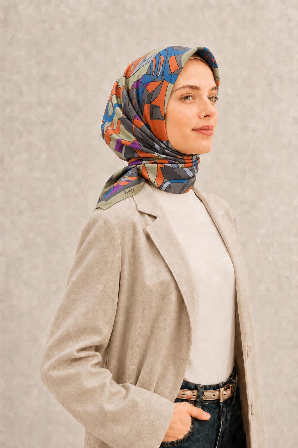 Fenza Tensel Geometrik Desenli Eşarp - Turuncu Mavi 2