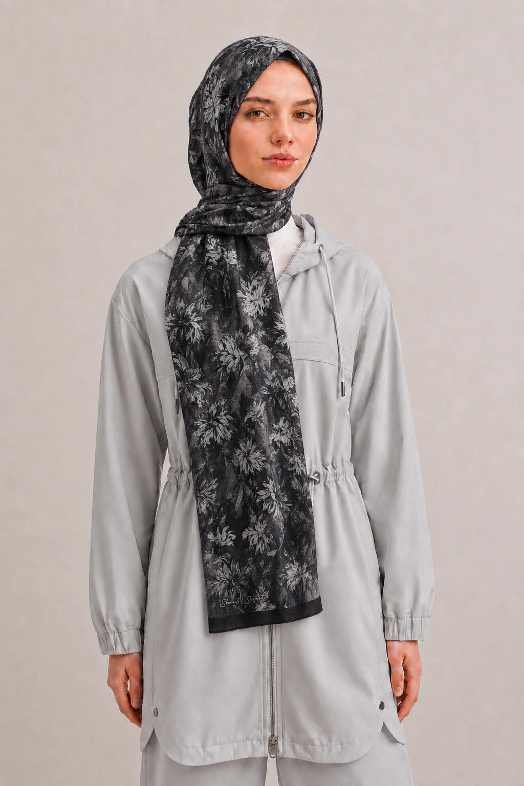 Shawl Secret Botanik Desenli Pamuk Şal - Antrasit