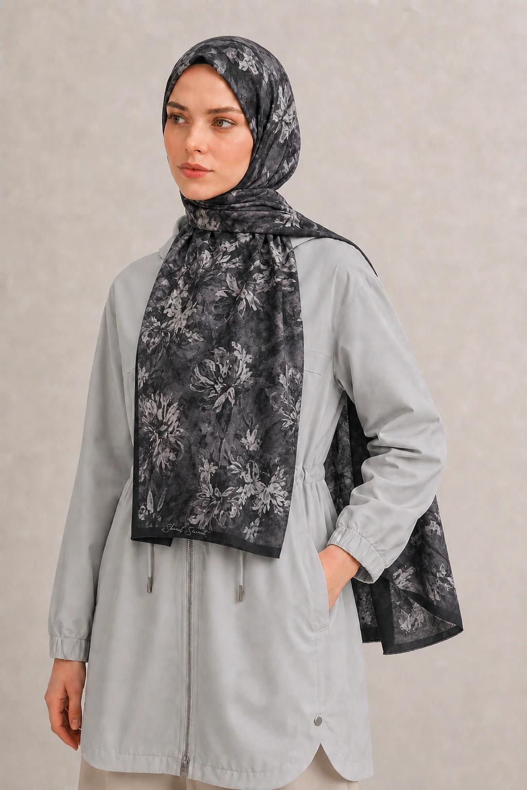 Shawl Secret Botanik Desenli Pamuk Şal - Antrasit 2