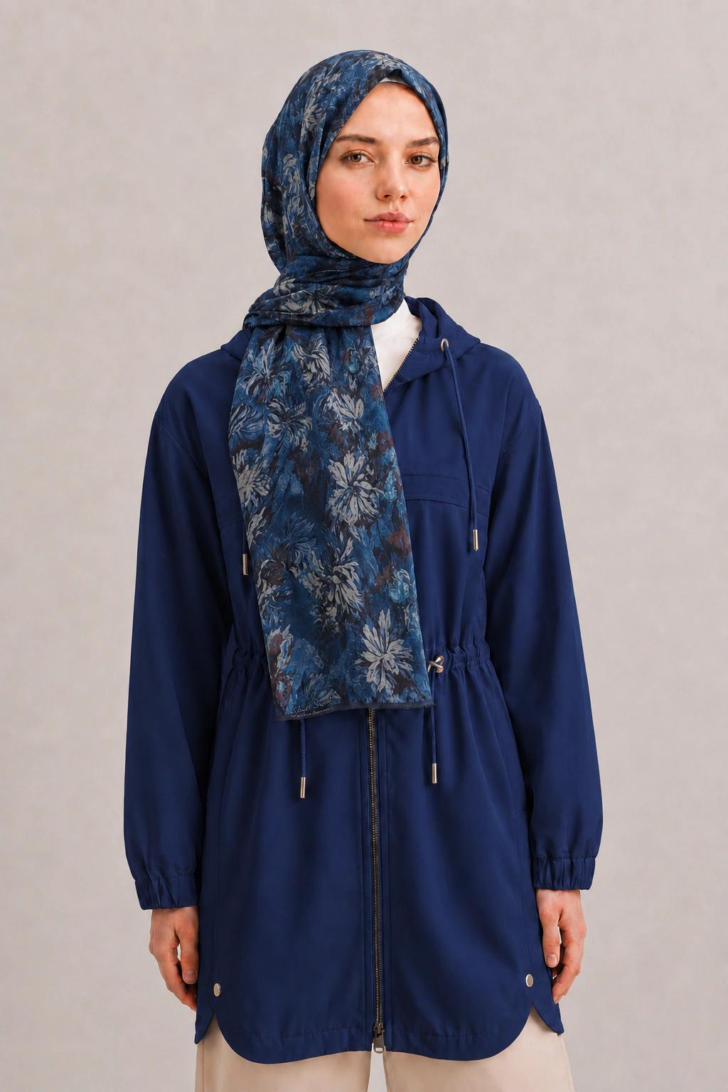 Shawl Secret Botanik Desenli Pamuk Şal - Lacivert