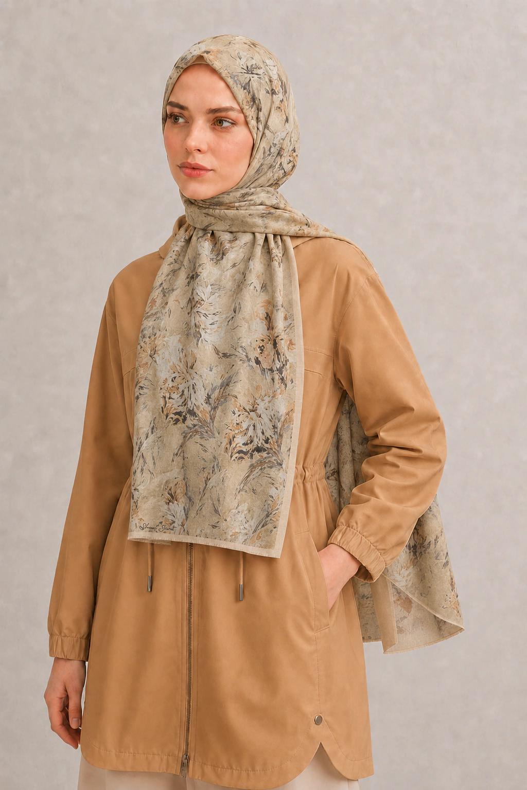 Shawl Secret Botanik Desenli Pamuk Şal - Bej 2