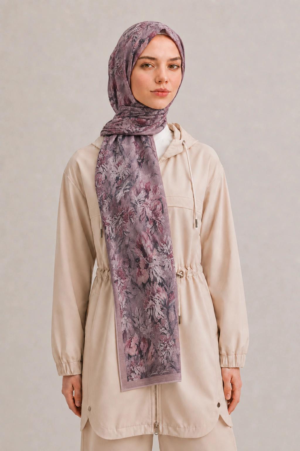 Shawl Secret Botanik Desenli Pamuk Şal - Mürdüm