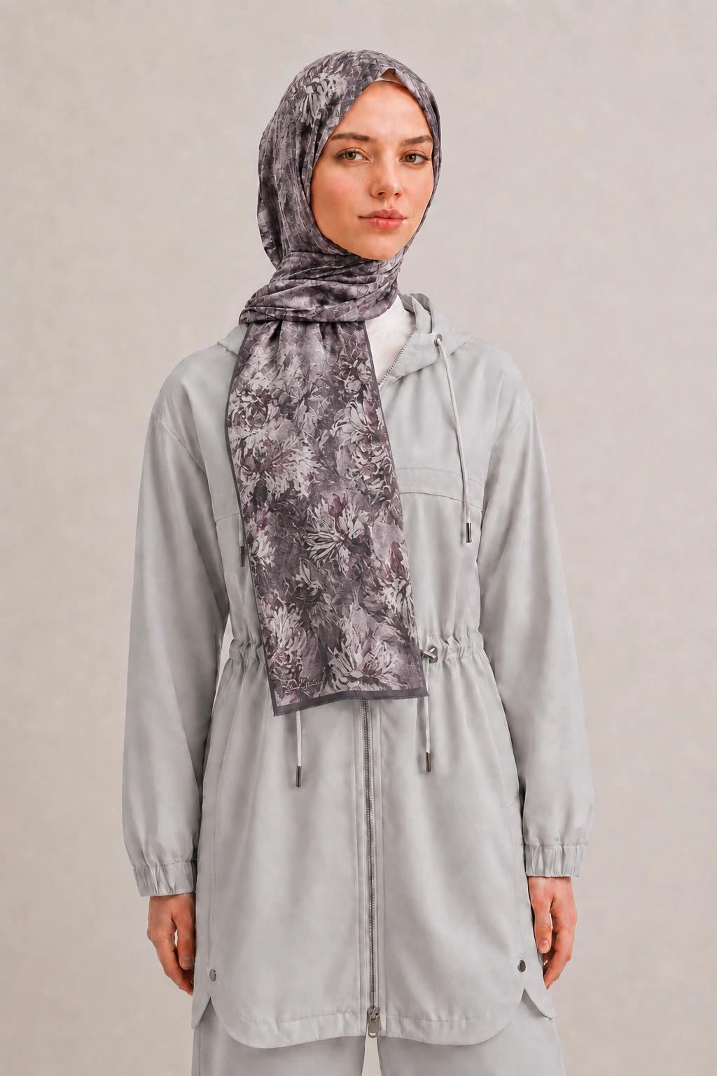Shawl Secret Botanik Desenli Pamuk Şal - Lavanta Gri