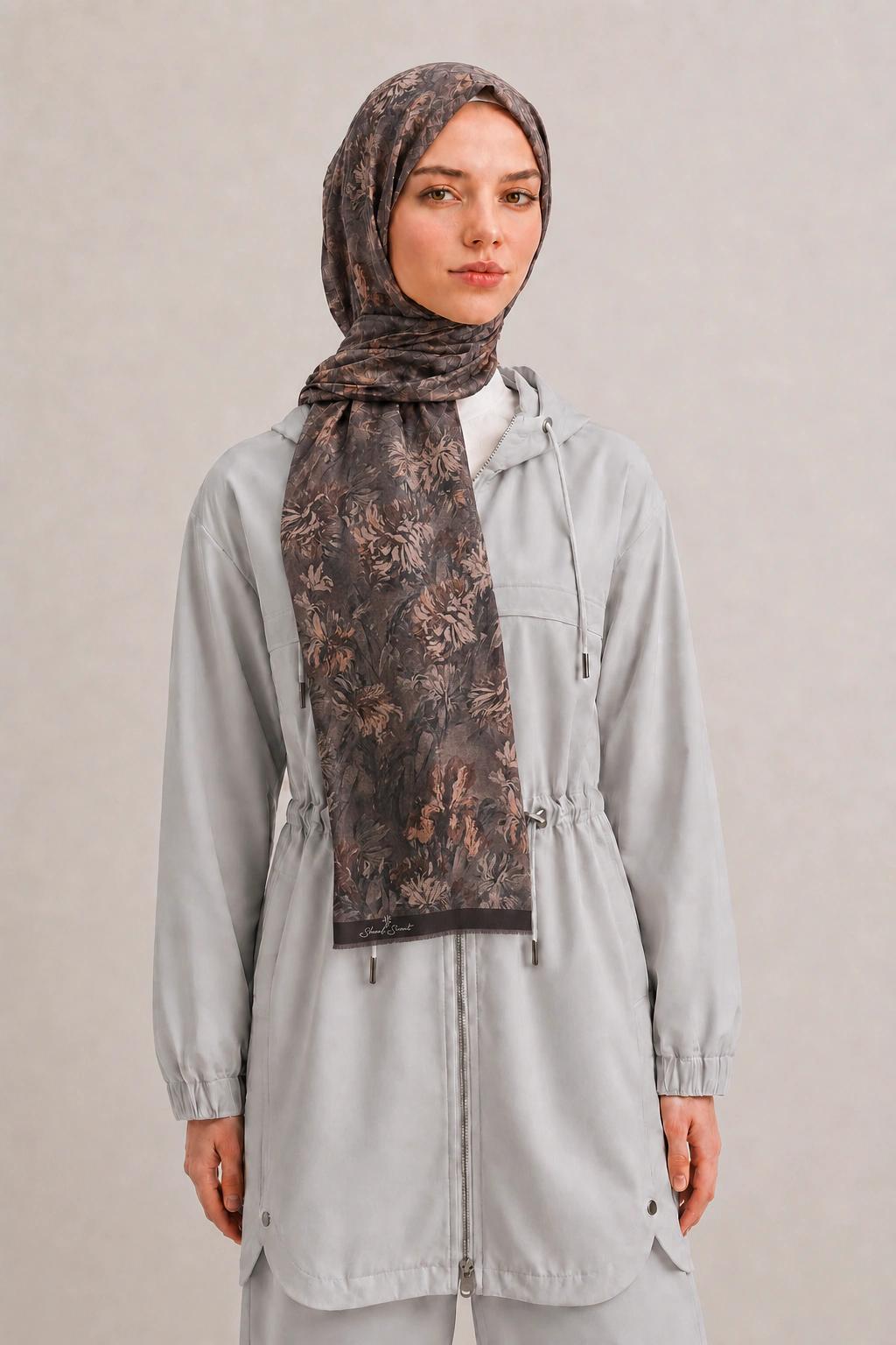 Shawl Secret Botanik Desenli Pamuk Şal - Füme