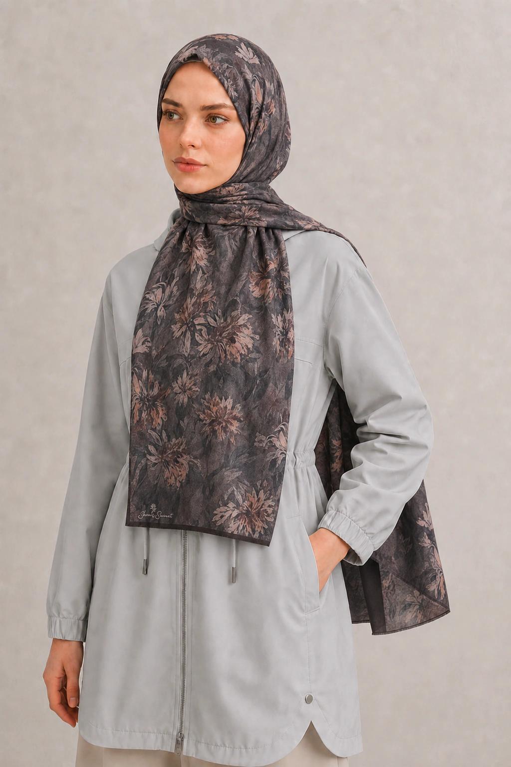 Shawl Secret Botanik Desenli Pamuk Şal - Füme 2