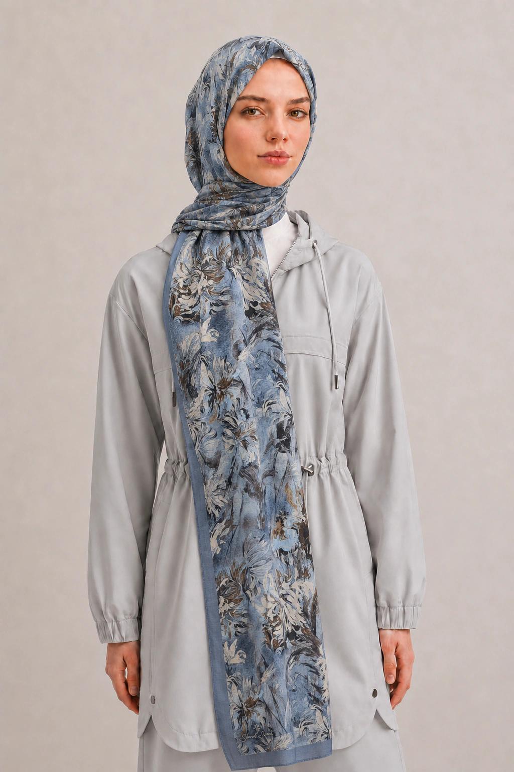 Shawl Secret Botanik Desenli Pamuk Şal - Buz Mavisi