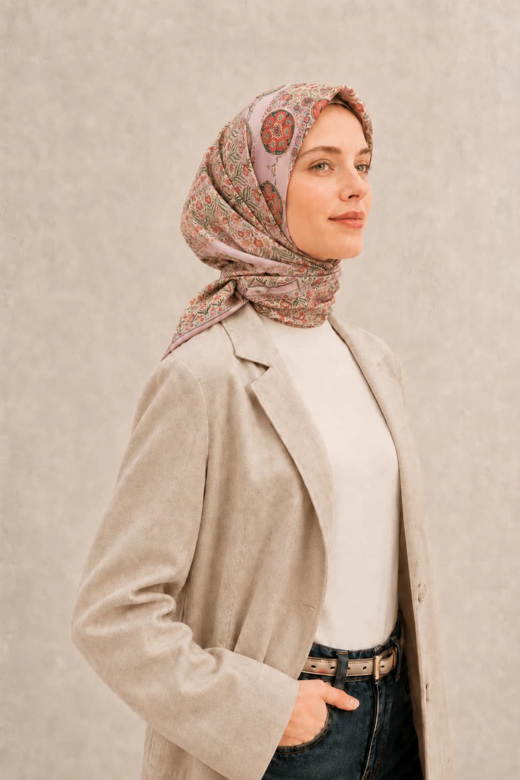 Glamouria Madalyon Bahçe Desenli Viscon Eşarp - Pudra Bej 2