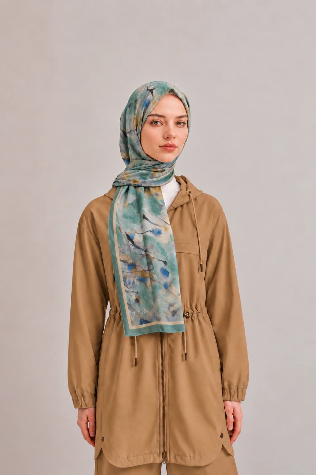 Harem Scarf Suluboya Çiçek Desenli Tensel Şal - Turkuaz Mavi