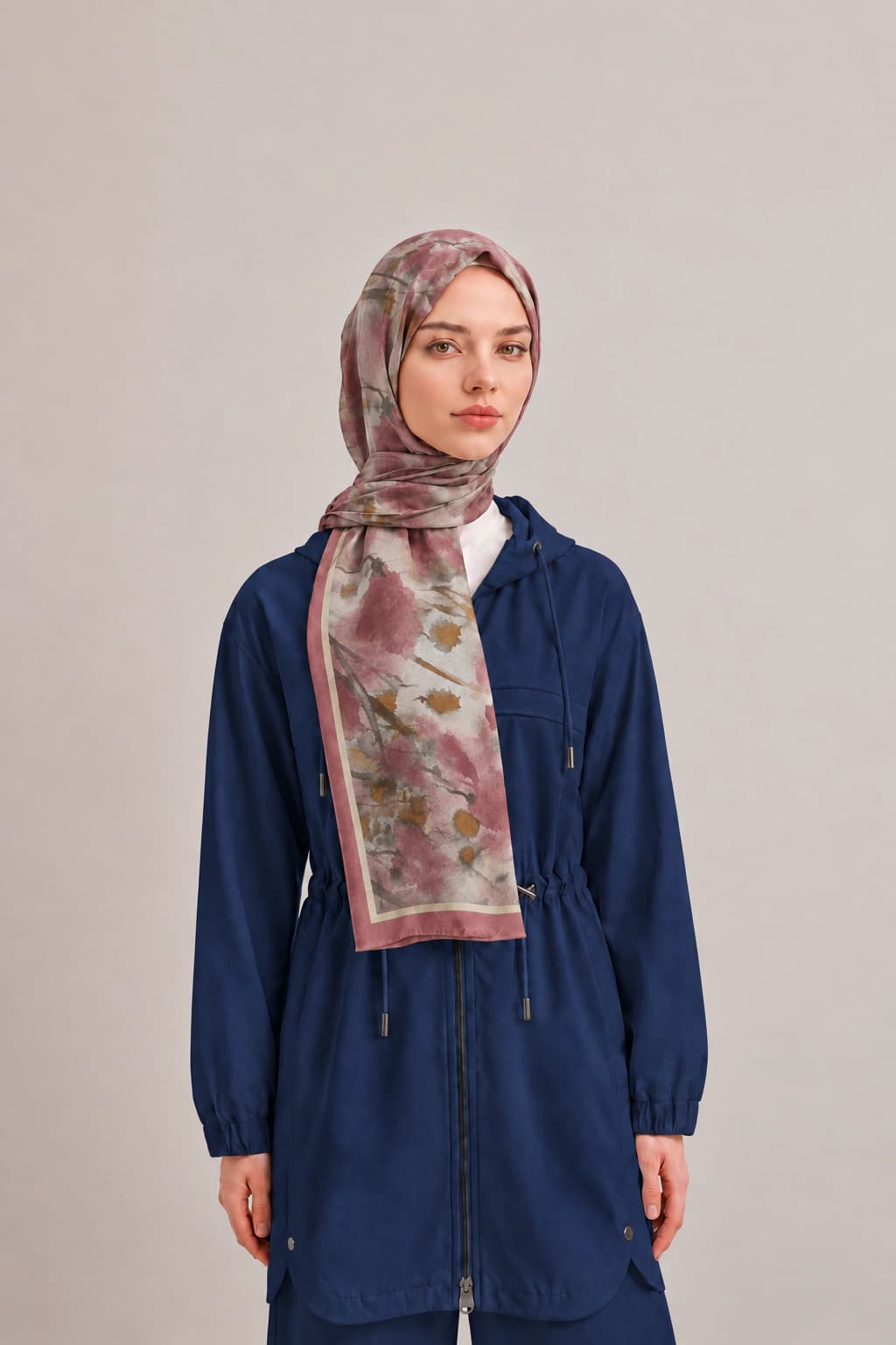 Harem Scarf Suluboya Çiçek Desenli Tensel Şal - Gül Kurusu