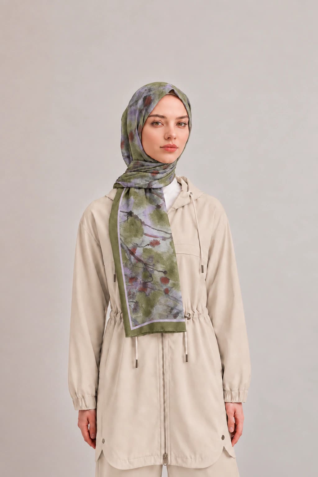 Harem Scarf Suluboya Çiçek Desenli Tensel Şal - Haki Lila