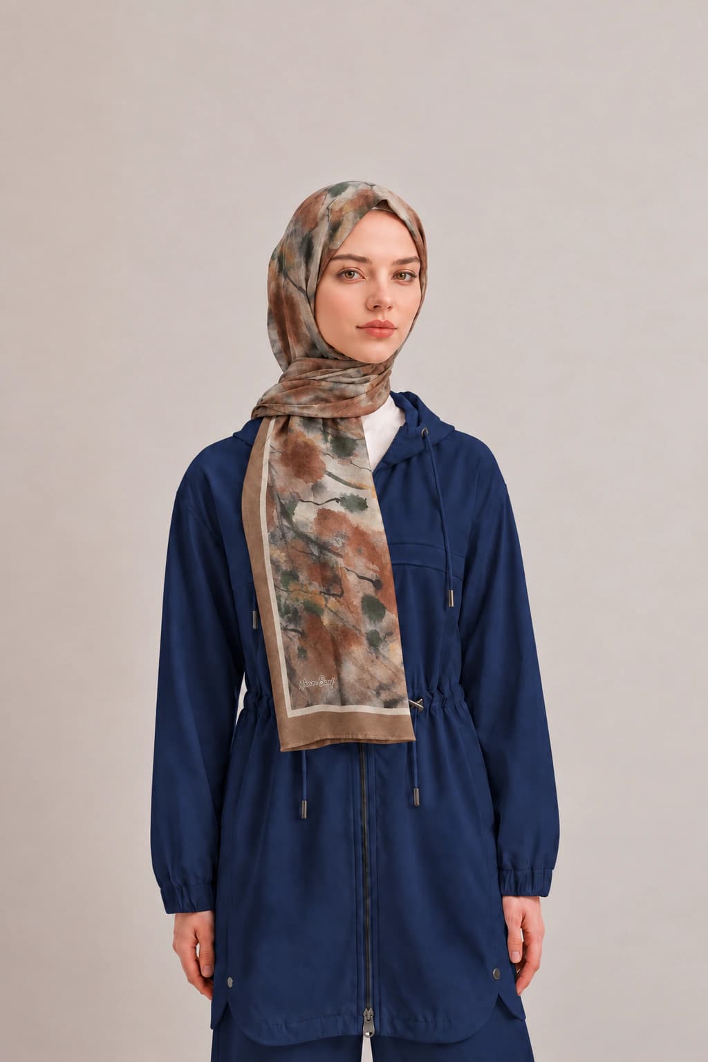 Harem Scarf Suluboya Çiçek Desenli Tensel Şal - Tarçın Kahve