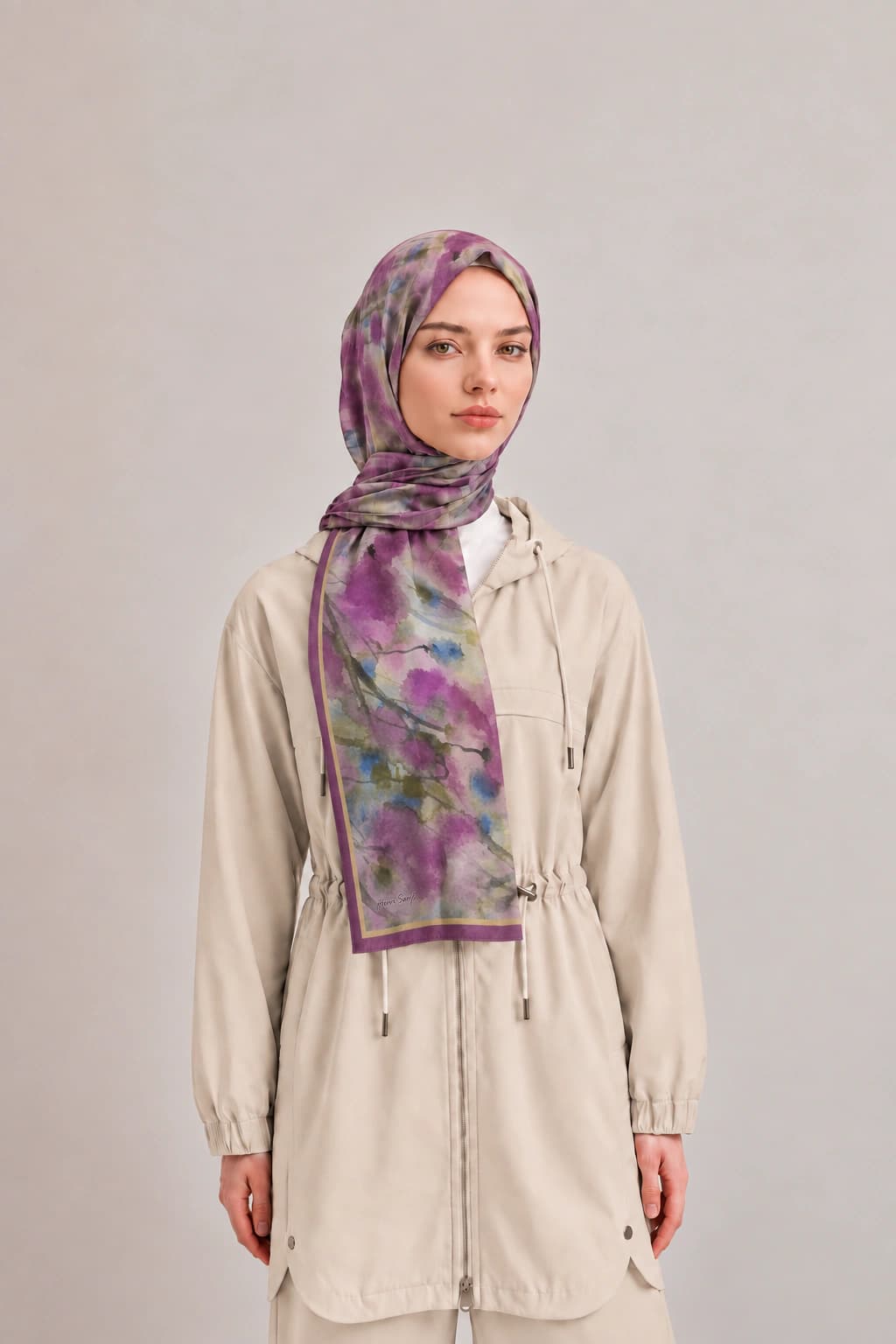 Harem Scarf Suluboya Çiçek Desenli Tensel Şal - Mürdüm Mor