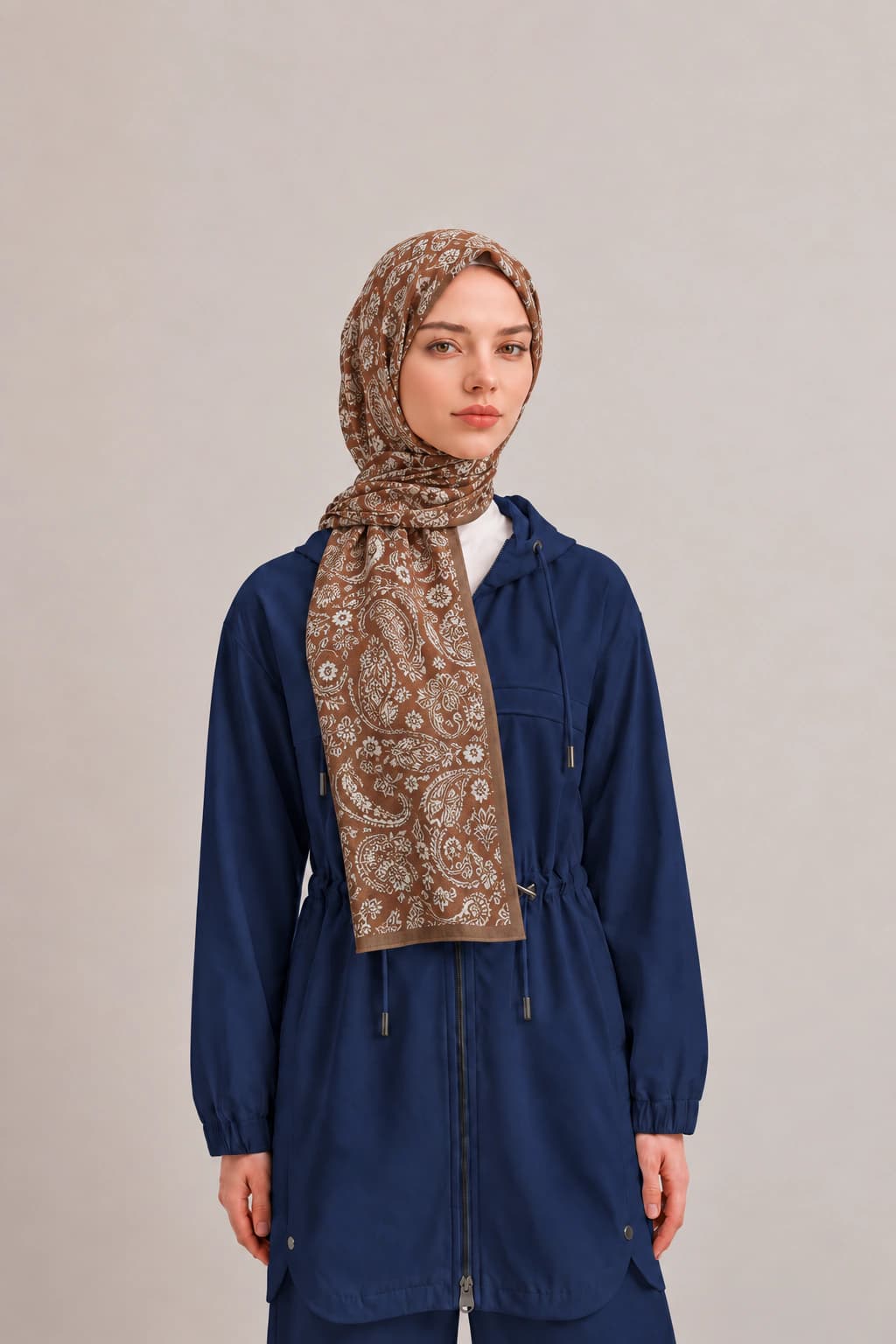 Harem Scarf Paisley Çiçek Desenli Tensel Şal - Taba Ekru