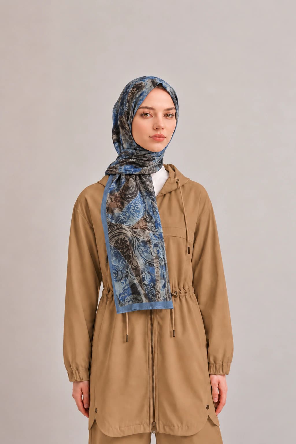 Harem Scarf Barok Paisley Desenli Tensel Şal - Mavi Siyah
