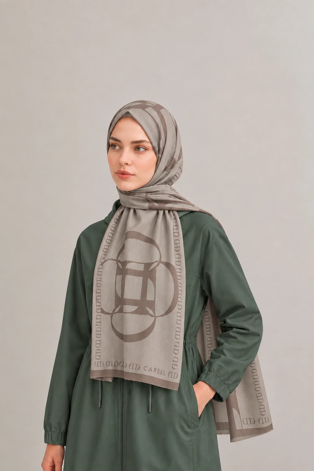 Carell Aura Monogram Floş Viskon Şal - Vizon 2
