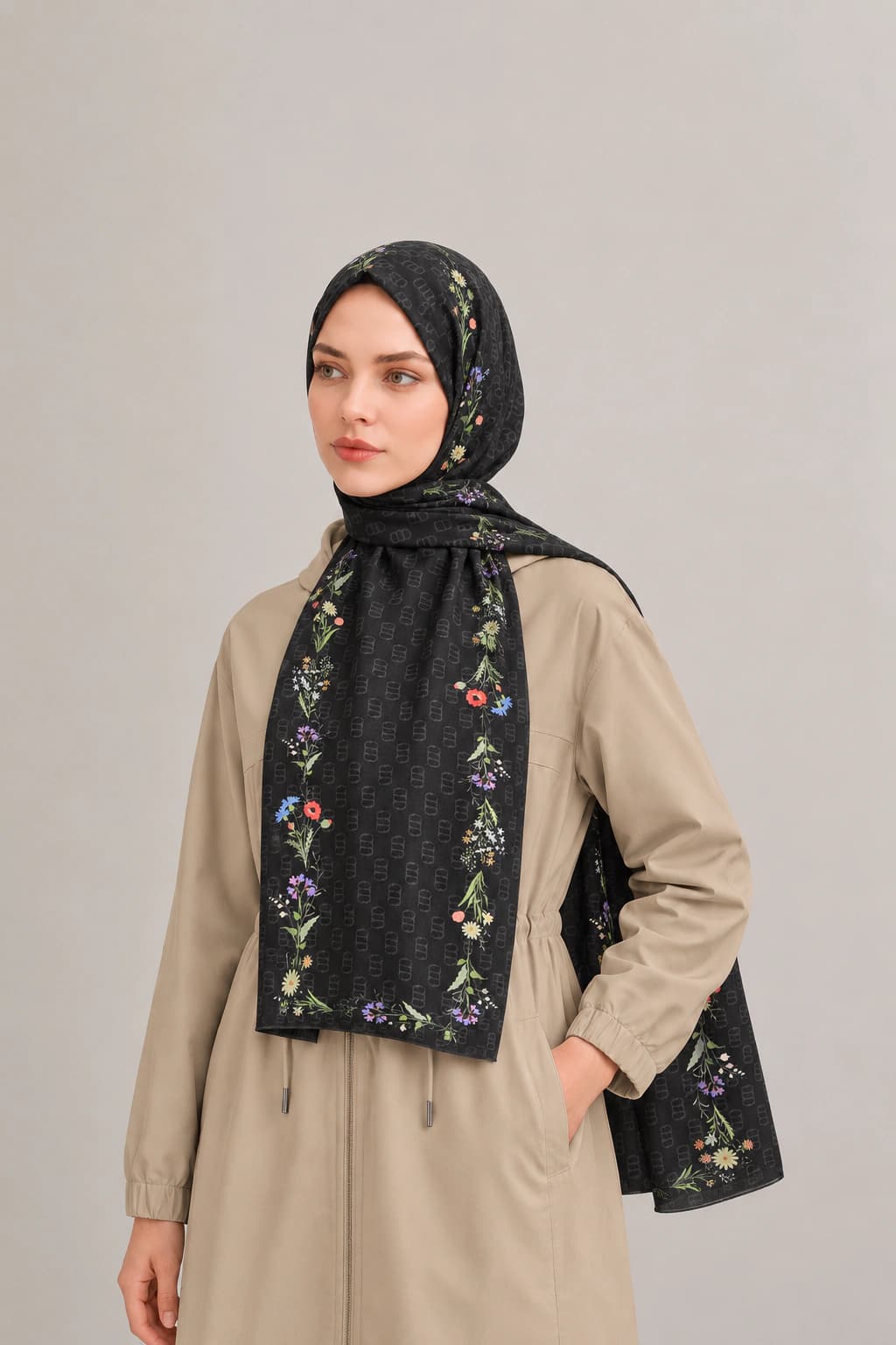 Carell Buket Monogram Floş Viskon Şal - Siyah Multi 2