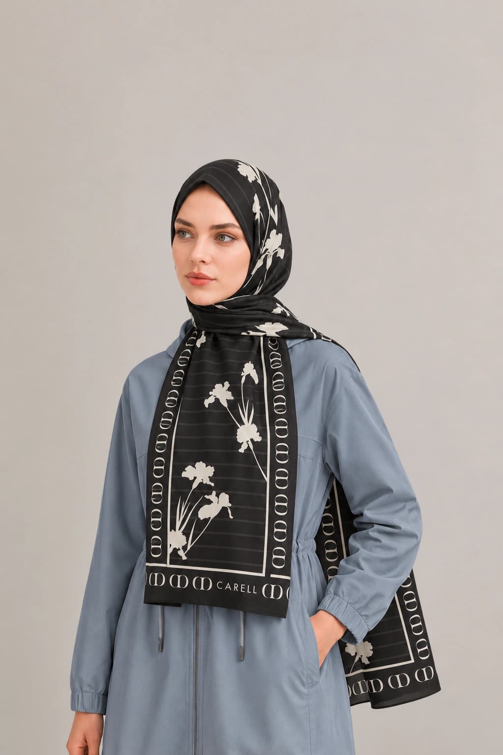 Carell Sira Monogram Floş Viskon Şal - Siyah Ekru 2