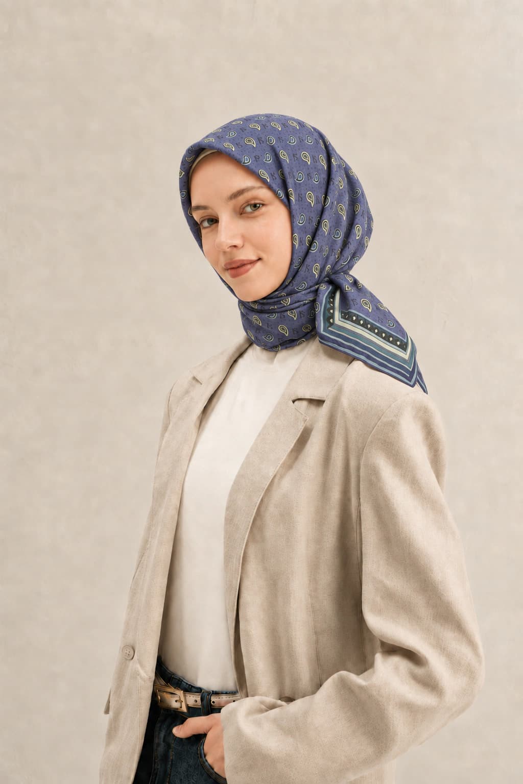 LuvénSara Monogramlı Damla Desenli Viskon Tencel Eşarp - Jean Mavi