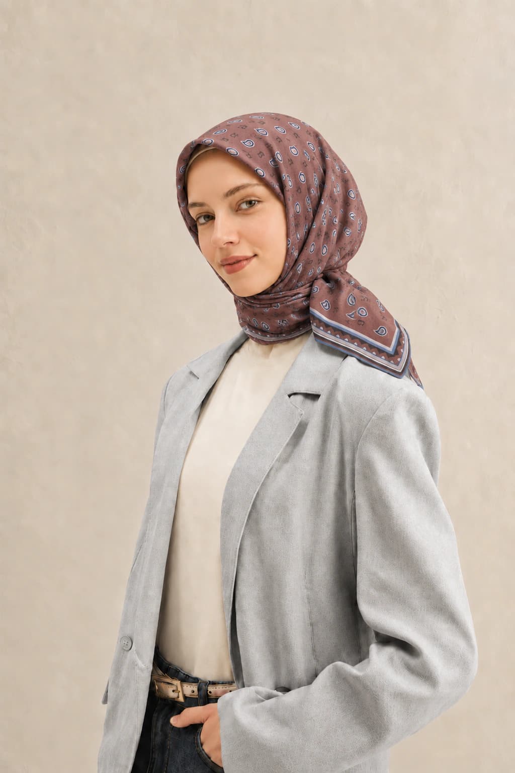 LuvénSara Monogramlı Damla Desenli Viskon Tencel Eşarp - Koyu Gül