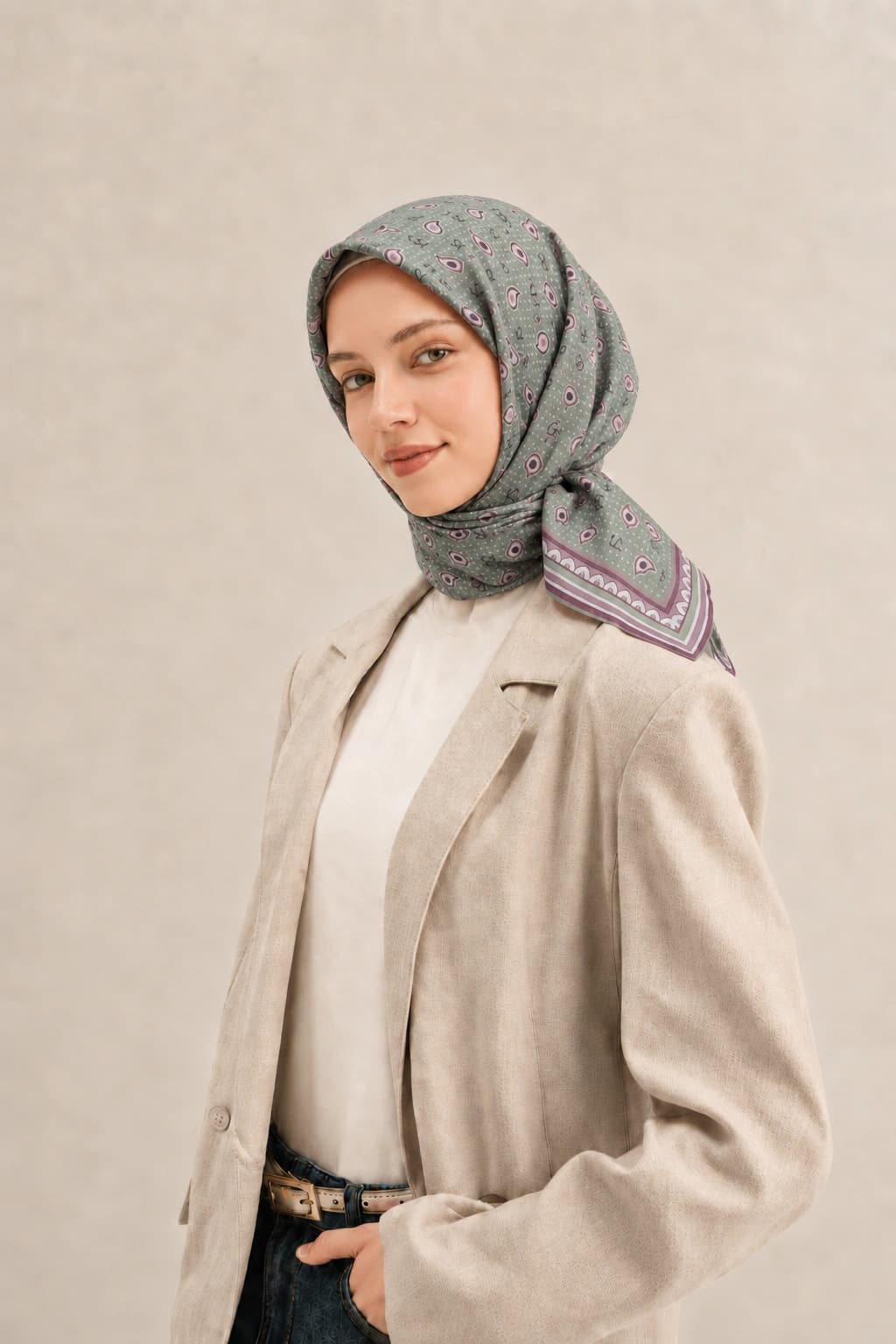 LuvénSara Monogramlı Damla Desenli Viskon Tencel Eşarp - Açık Yeşil