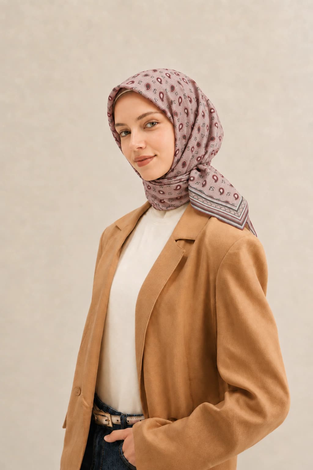 LuvénSara Monogramlı Damla Desenli Viskon Tencel Eşarp - Pudra Pembe