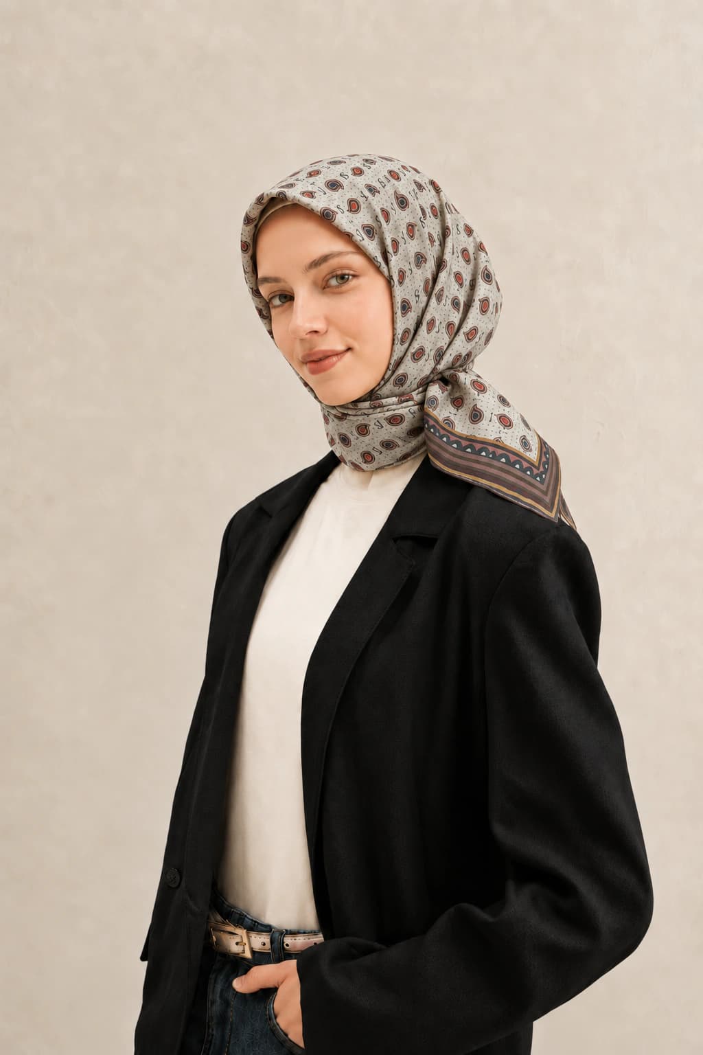LuvénSara Monogramlı Damla Desenli Viskon Tencel Eşarp - Ekru Petrol
