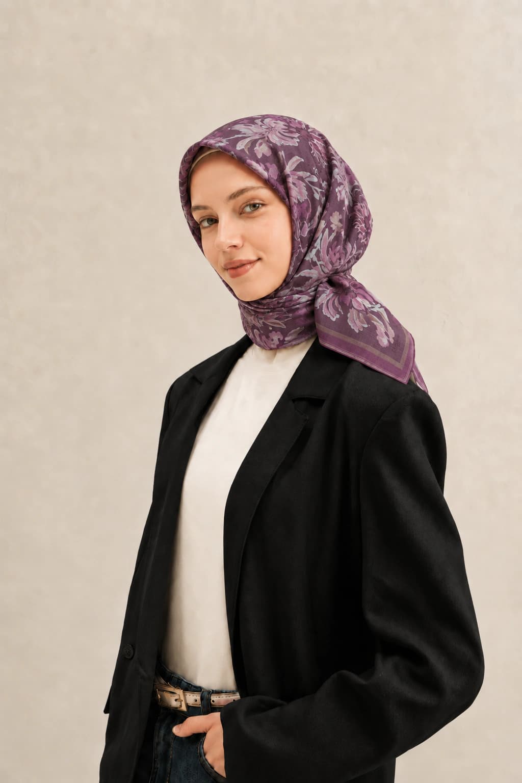 Belli Fresh Rozy Floral Buket Tensel Eşarp - Mürdüm