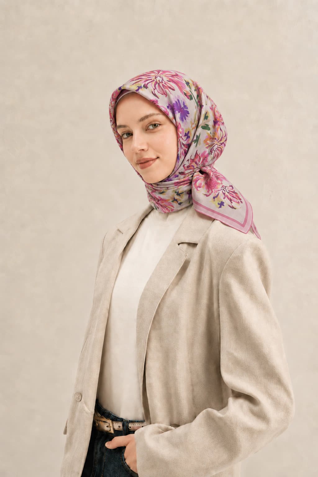 Belli Fresh Rozy Floral Buket Tensel Eşarp - Pudra Lila