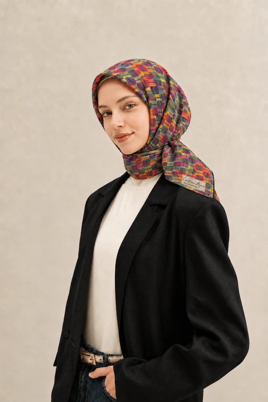 La Boutique Mozaik Desenli Tensel Eşarp - Yeşil Turuncu