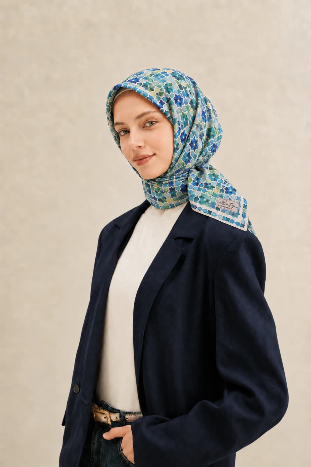 La Boutique Mozaik Desenli Tensel Eşarp - Turkuaz Yeşil