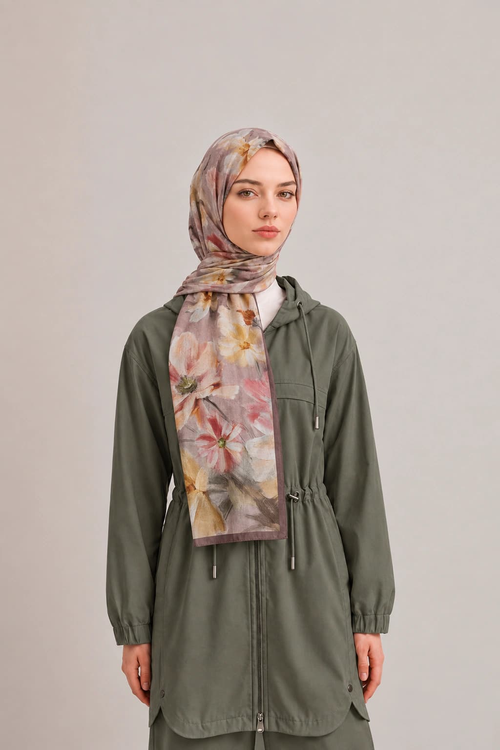 La Boutique Güz Yaz Floral ve Soyut Bambu Şal - Pudra Vizon