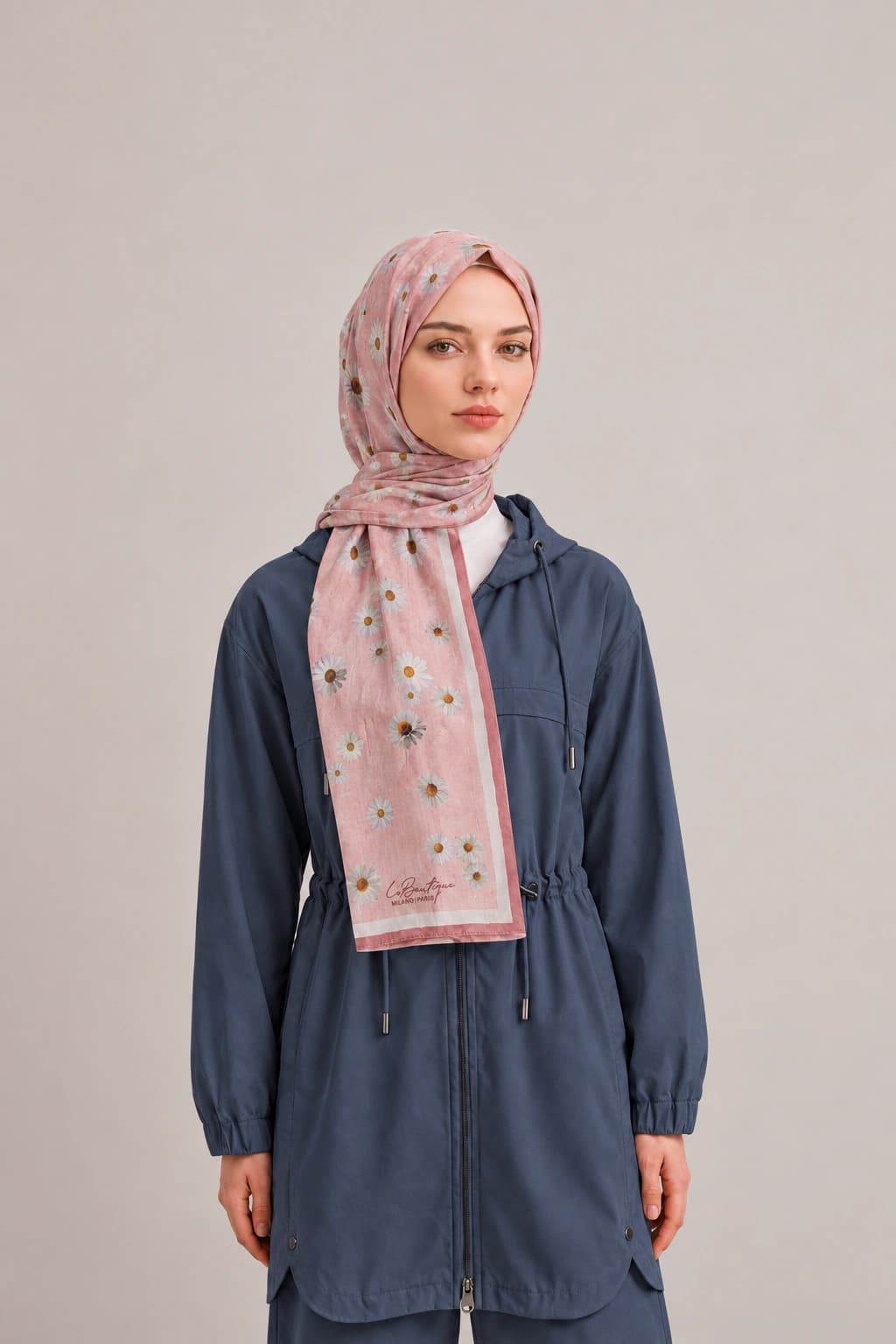 La Boutique Güz Yaz Floral ve Soyut Bambu Şal - Pudra Ekru