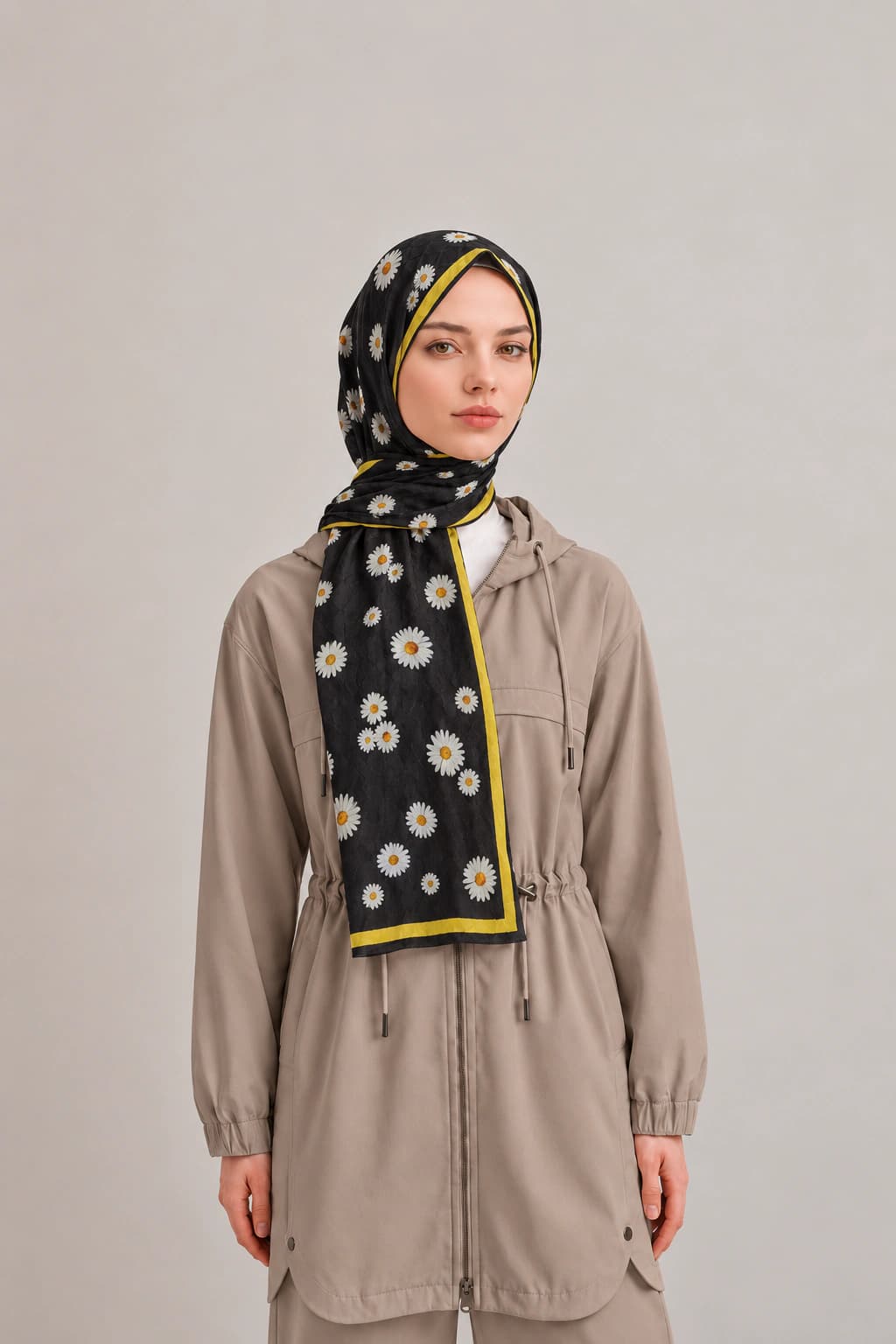 La Boutique Güz Yaz Floral ve Soyut Bambu Şal - Siyah Hardal