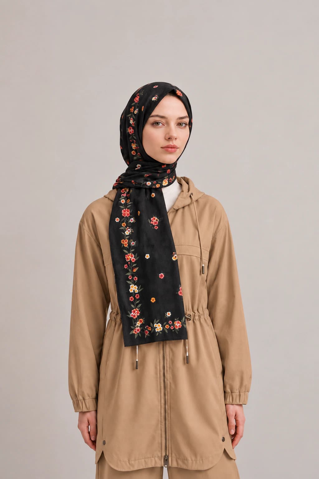La Boutique Güz Yaz Floral ve Soyut Bambu Şal - Siyah Mercan