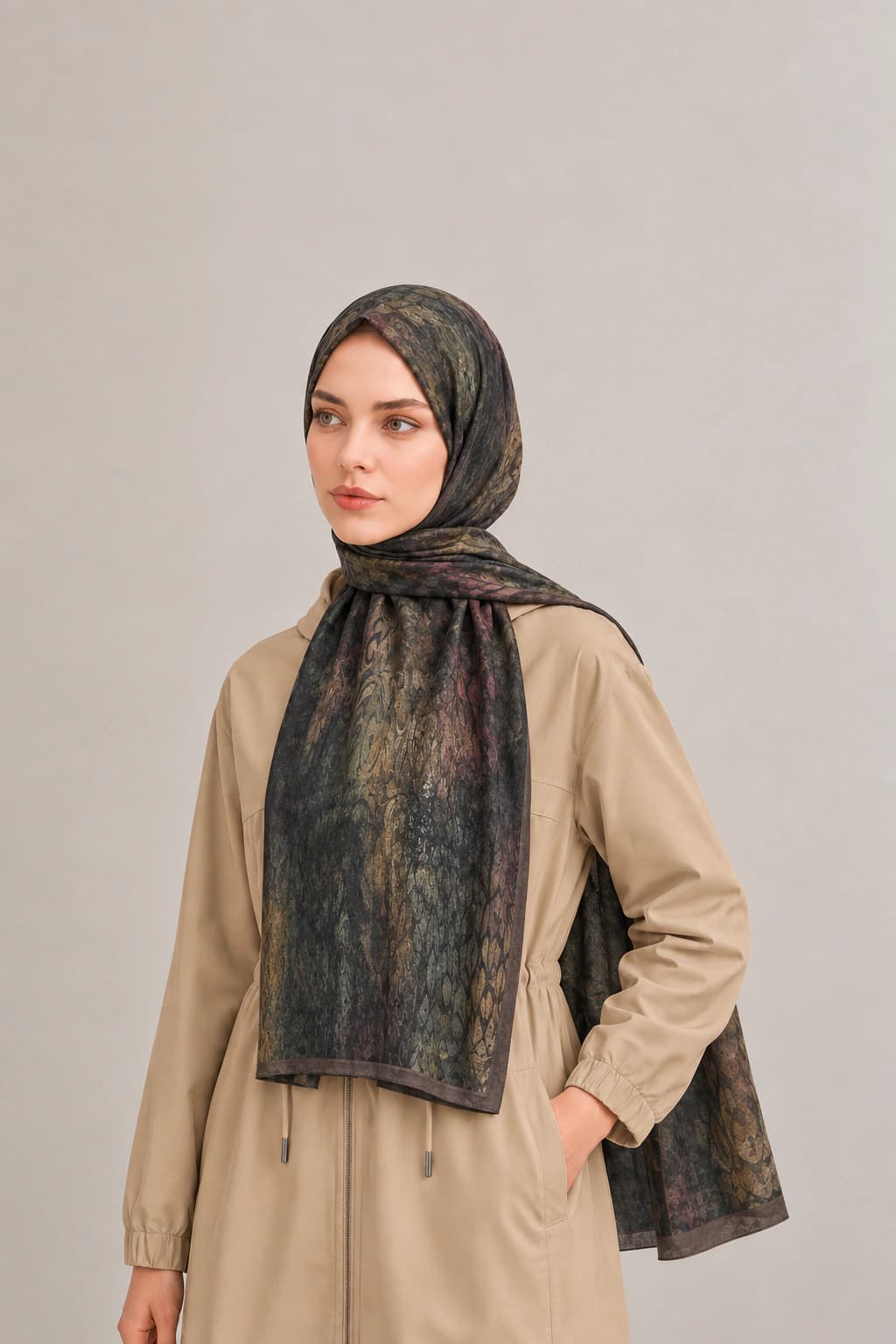 La Boutique Güz Yaz Floral ve Soyut Bambu Şal - Haki Bronz 2