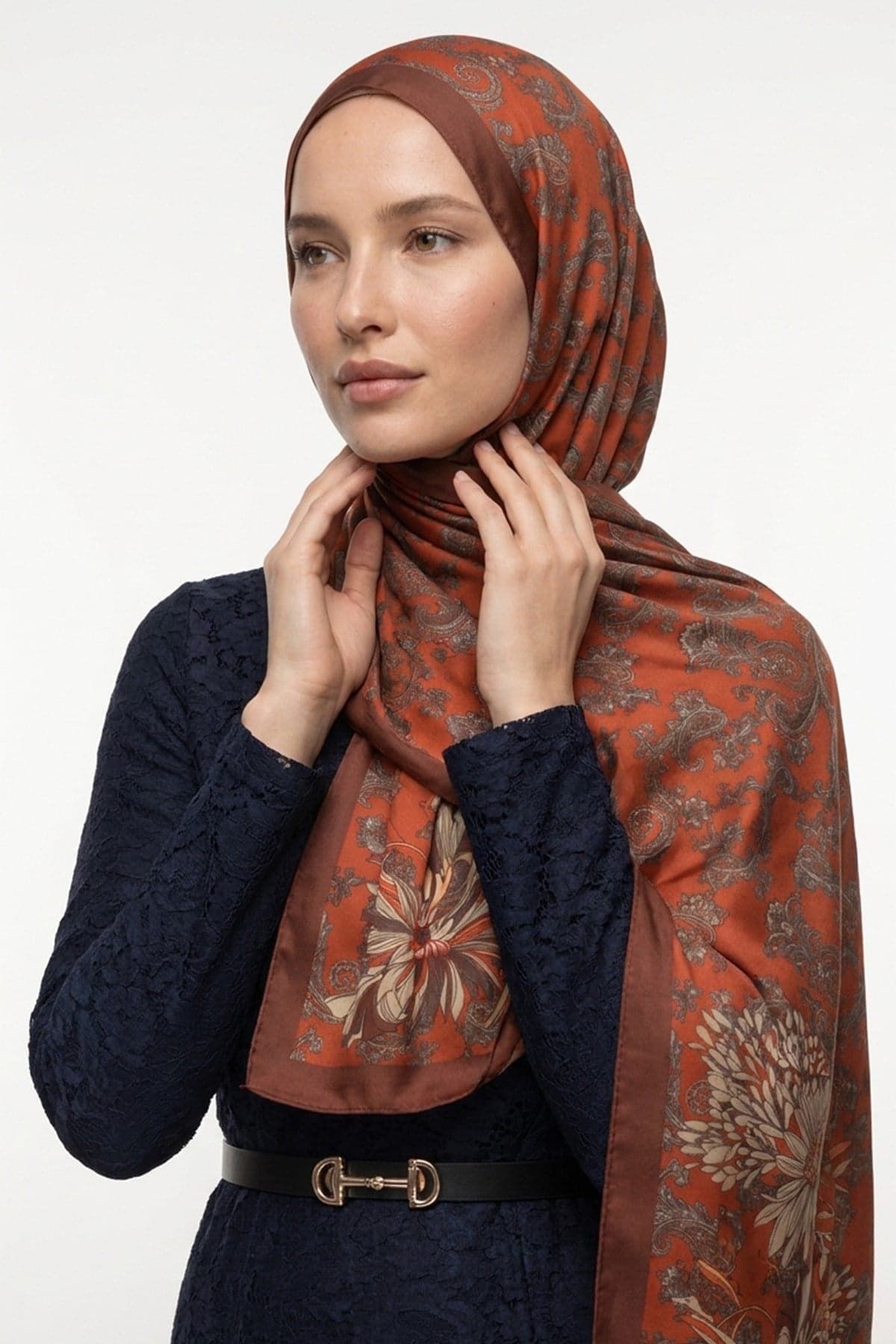 LuvènSara Desenli İpek Şal LSDG03328 - Kiremit 3