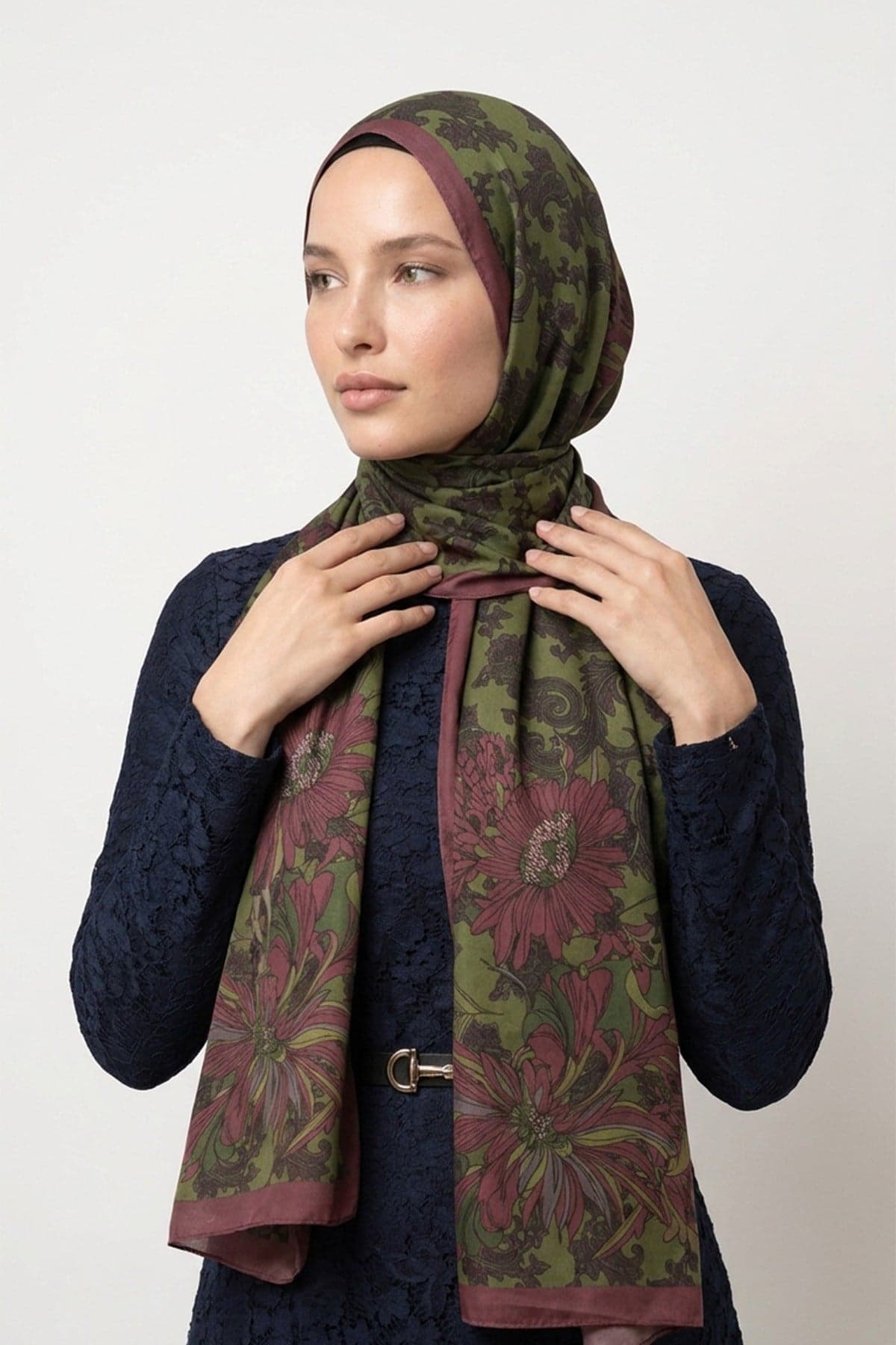 LuvènSara Desenli İpek Şal LSDG03328 - Haki 2