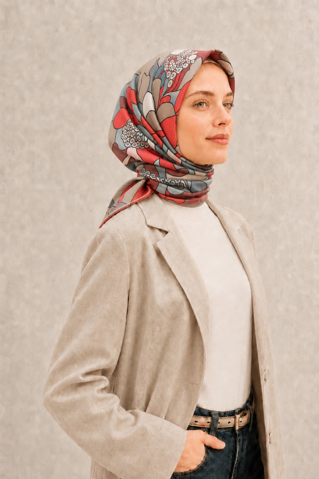 Fenza Tensel Botanik Desenli Eşarp - Kırmızı Gri 2