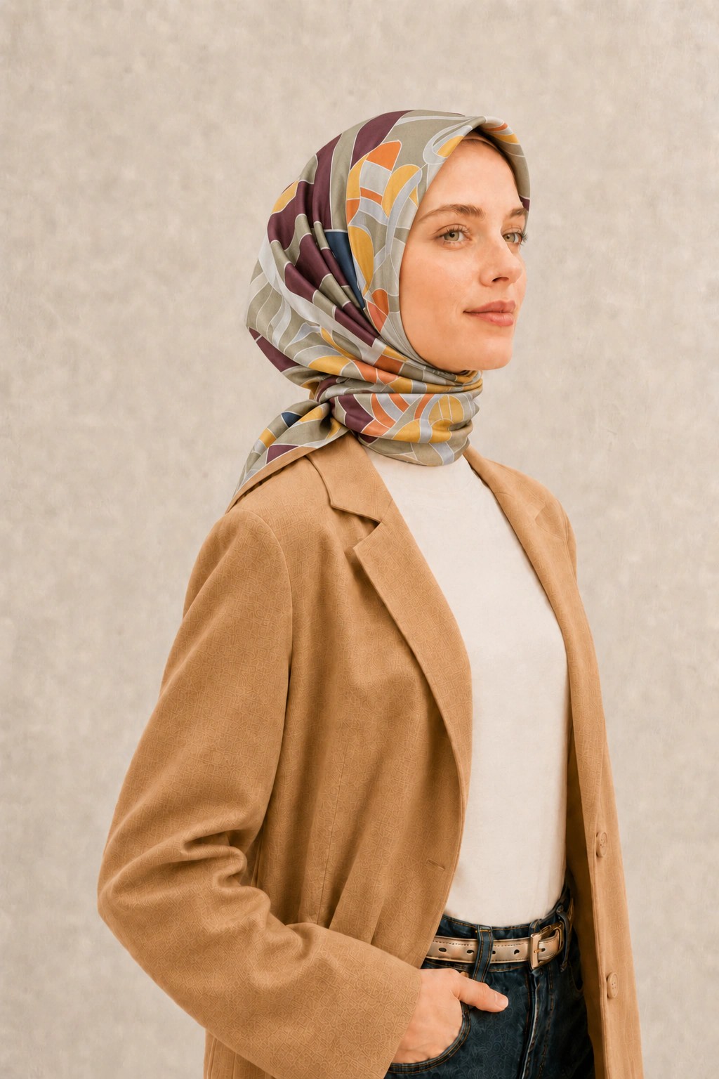 Fenza Tensel Geometrik Desenli Eşarp - Sarı Bordo 2