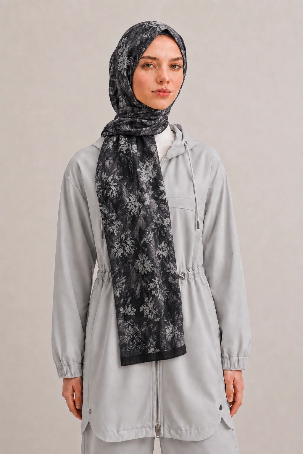 Shawl Secret Botanik Desenli Pamuk Şal - Antrasit 1