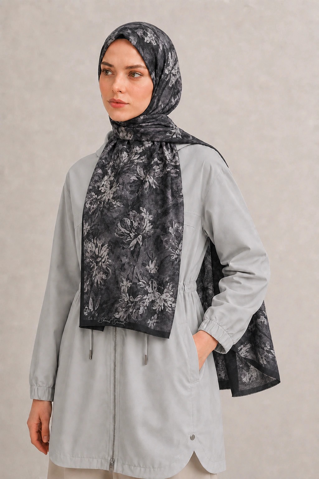 Shawl Secret Botanik Desenli Pamuk Şal - Antrasit 2
