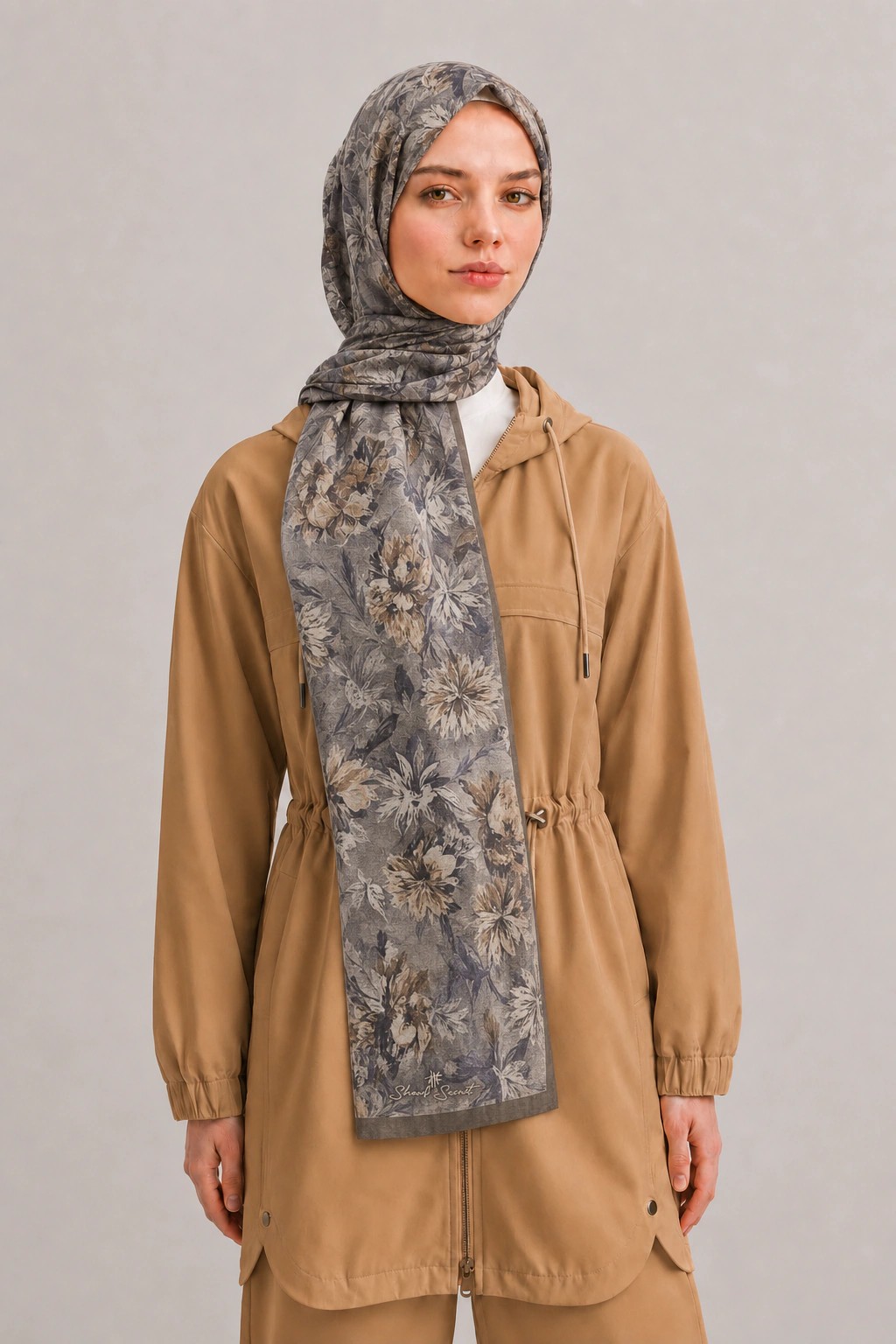 Shawl Secret Botanik Desenli Pamuk Şal - Vizon 1