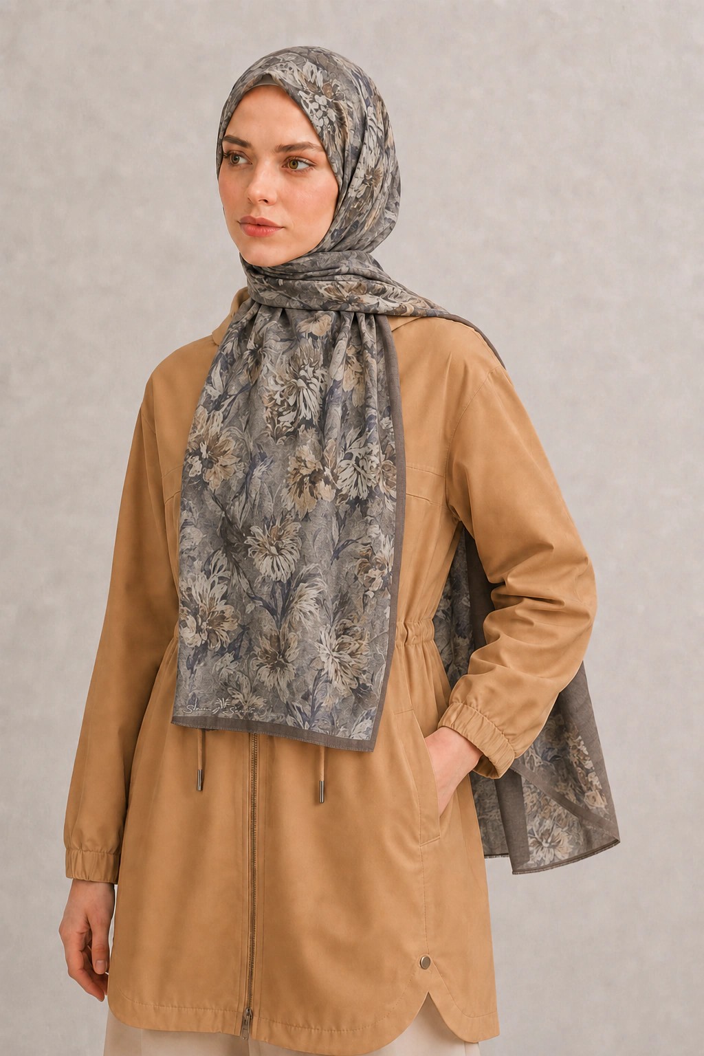 Shawl Secret Botanik Desenli Pamuk Şal - Vizon 2