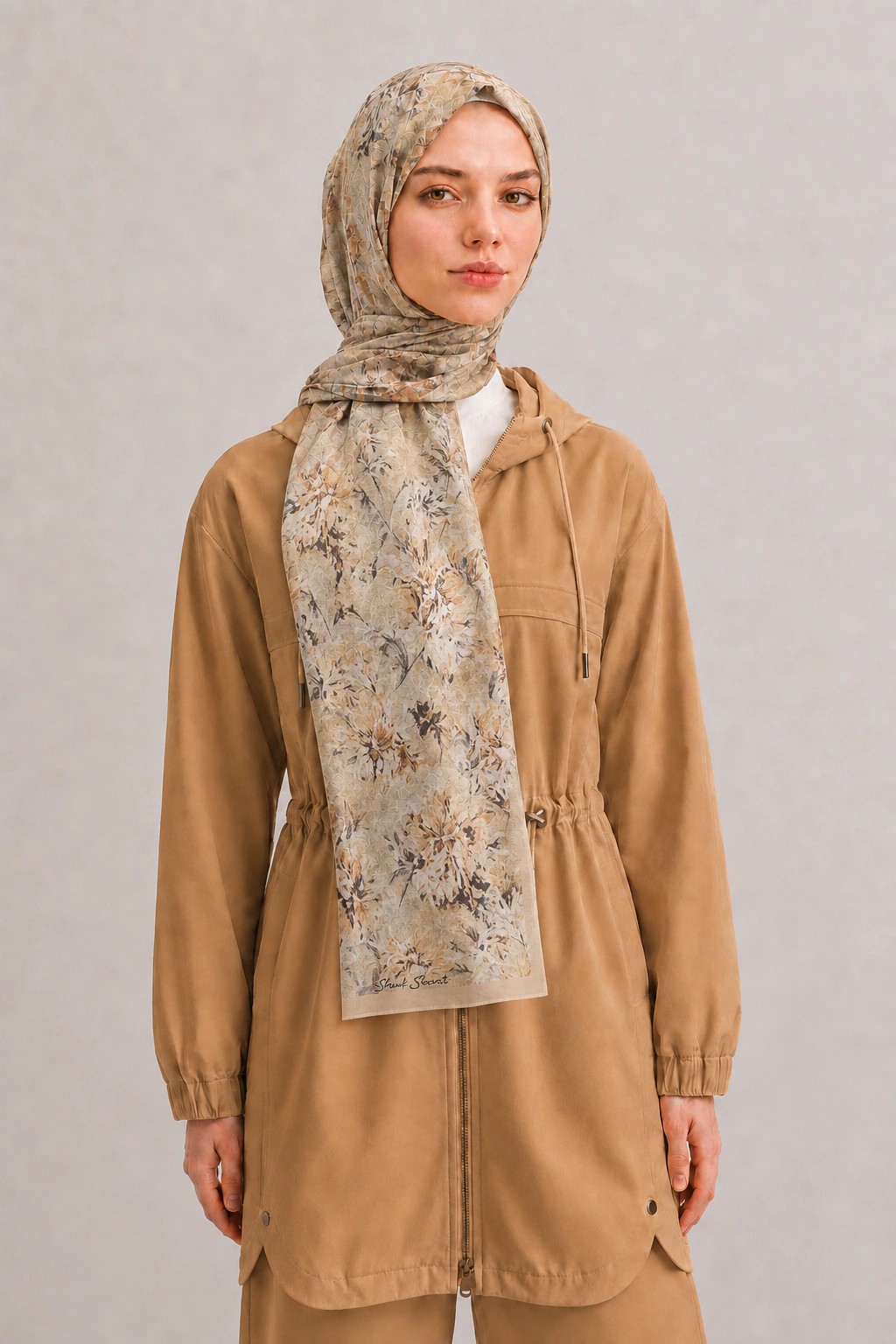 Shawl Secret Botanik Desenli Pamuk Şal - Bej 1