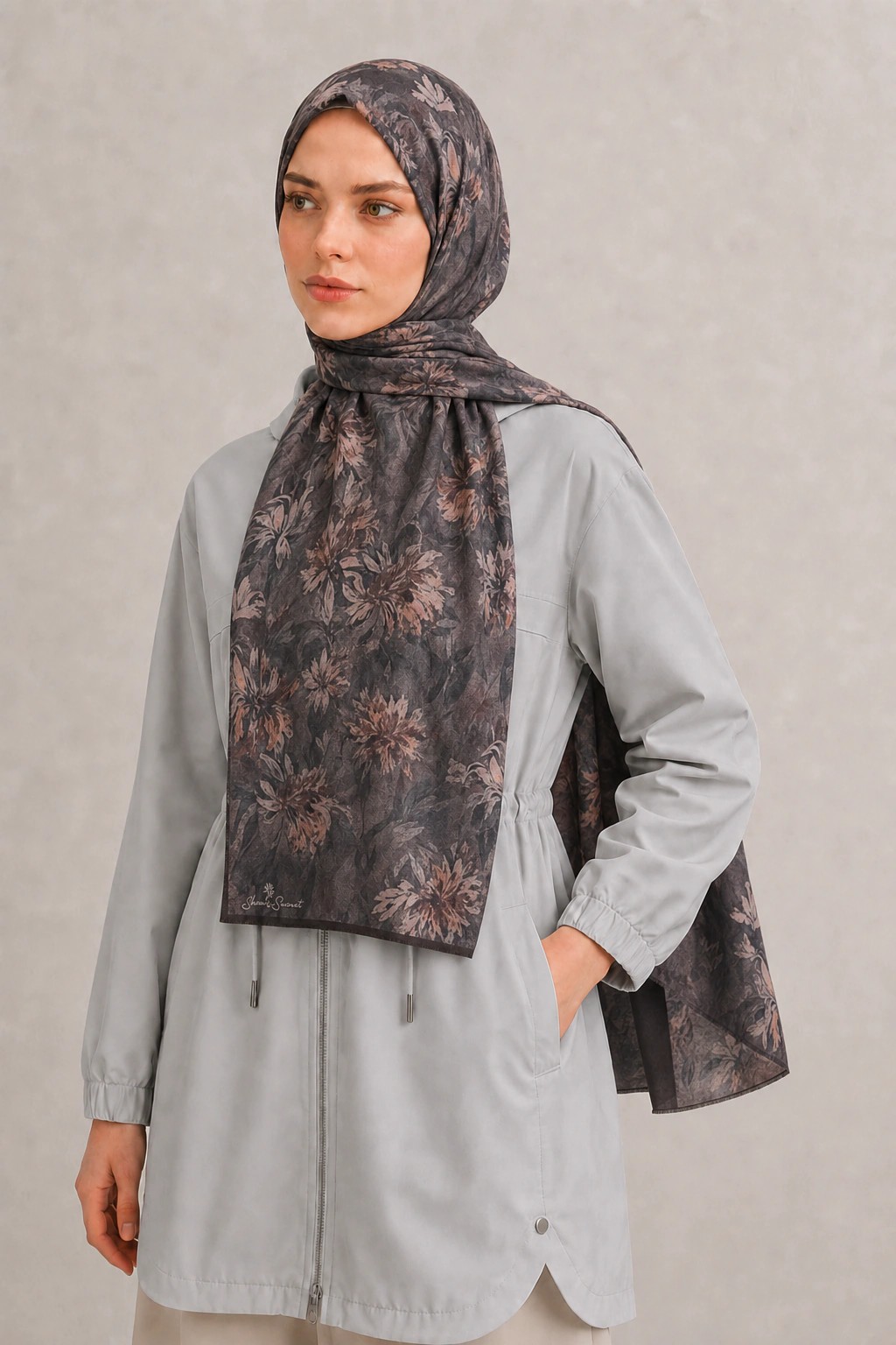 Shawl Secret Botanik Desenli Pamuk Şal - Füme 2